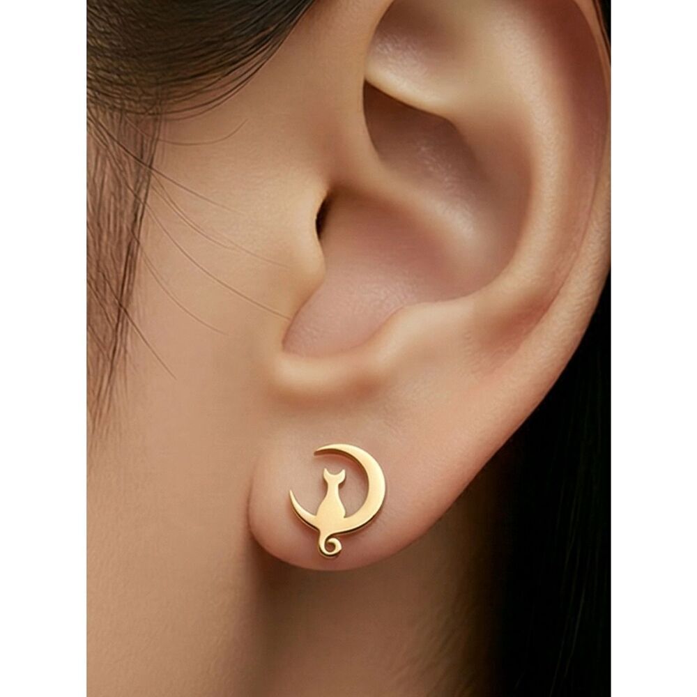Gold Crescent Moon Cat Stud Earrings Dainty Celestial Stainless Steel Dreamy